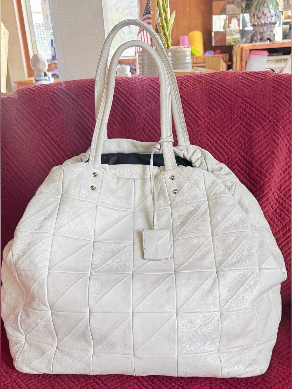 YVES SAINT LAURENT White Smooth Calfskin Patchwork Drawstring XL Tote! RT $ 2459